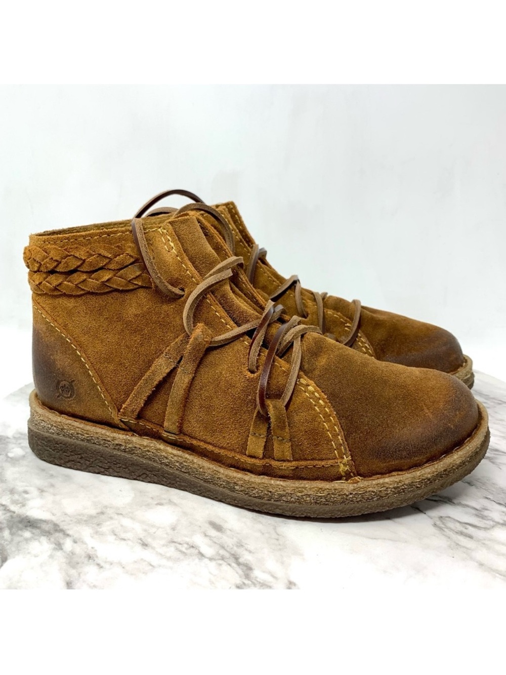 Born Temple II Braid Brown Suede Lace Up Boots 6.5/37 *No Insoles Rustic Earthy